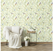 Rumsöversikt med tapet med fågel- och växtmönster