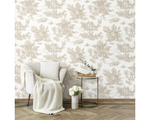 Scen med en fåtölj, ett sidobord och tapeter med ett landskapsmotiv