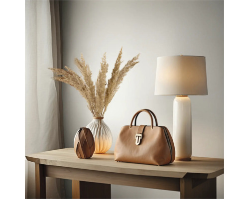 Dekorativ scen med väska, lampa och vaser på ett träbord.