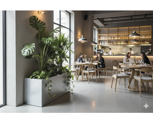 Interiör av en restaurang med bord, stolar och växter