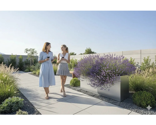 Trädgårdsscen med kvinnor på en stig, flankerad av en blomlåda med lavendel