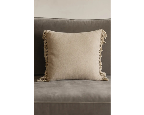 Fyrkantig prydnadskudde med fransar på soffa