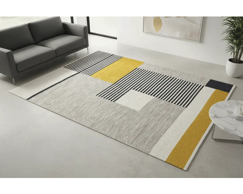 Matta med geometriskt mönster i ett vardagsrum