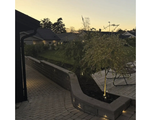 Trädgård med stenmur, gång och belysning på kvällen