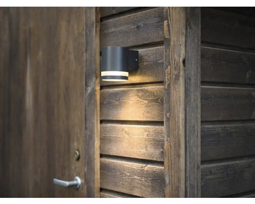 Utomhusvägglampa bredvid en trädörr