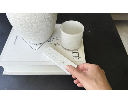 Dekorativ scen med en vas, en ljusstake, en bok och en fjärrkontroll