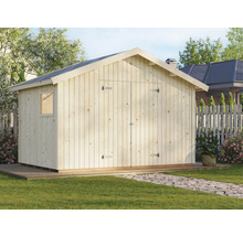 Trädgårdshus i trä med dubbeldörr och fönster i trädgården