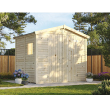 Trädgårdsskjul i trä med fönster och dubbeldörr