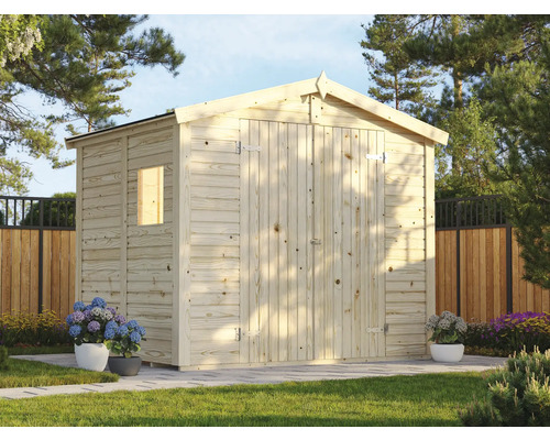 Trädgårdsskjul i trä med fönster och dubbeldörr