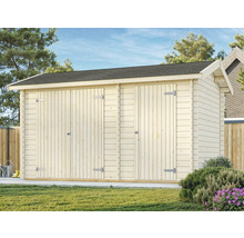 Trädgårdsredskapsbod i trä med dubbeldörr och sadeltak i trädgården