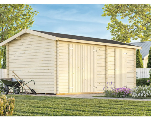 Förråd PALMAKO Jari inkl. golv 15,0m² (inv. 14,5m²) 500x300cm natur Stort trädgårdshus i trä med tre dörrar och trädgårdsredskap på framsidan