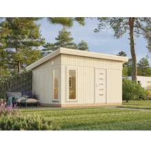 Modernt trädgårdshus med platt tak och fönster bredvid en dörr