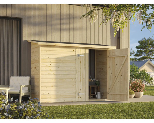 Förråd PALMAKO Leif inkl. golv utan bakvägg 2,2m² 234x95cm natur Trädgårdsskjul i trä med öppen dörr och trädgårdsredskap