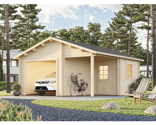 Trägarage med angränsande carport och en bil i garaget