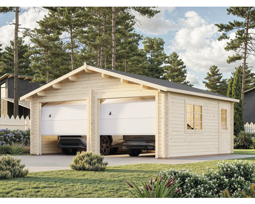 Dubbelgarage i trä med två bilar inuti, fönster och dörr på sidan