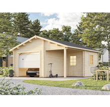 Trägarage med öppen carport, bilgarage och elbil