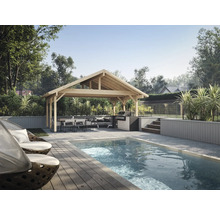 Inbjudande trädgårdsscen med pool, paviljong och matplats