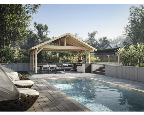 Inbjudande trädgårdsscen med pool, paviljong och matplats