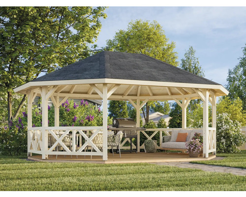 Trädgårdspaviljong i trä med grill och sittmöbler