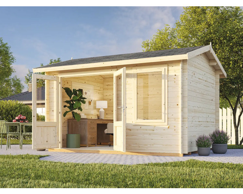 Trädgårdshus i trä med öppna dubbeldörrar, fönster, skrivbord och kontorsstol