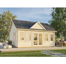 Trädgårdshus i trä med fönster och dubbeldörr på en terrass