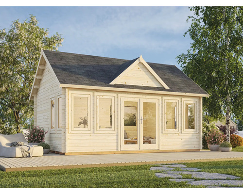 Trädgårdshus i trä med fönster och dubbeldörr på en terrass