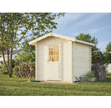 Trädgårdsskjul i trä med dörr och fönster i trädgården