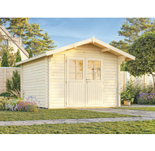 Trädgårdshus i trä med dubbeldörr i trädgården