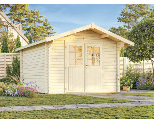 Trädgårdshus i trä med dubbeldörr i trädgården