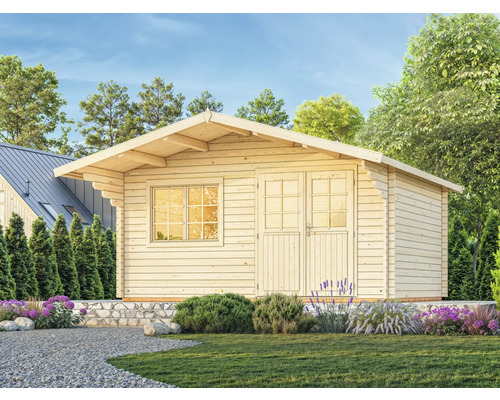 Trädgårdshus i trä med fönster och dubbeldörr i trädgården