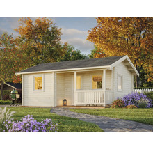 Trädgårdsscen med trädgårdshus i trä med veranda och grått tak