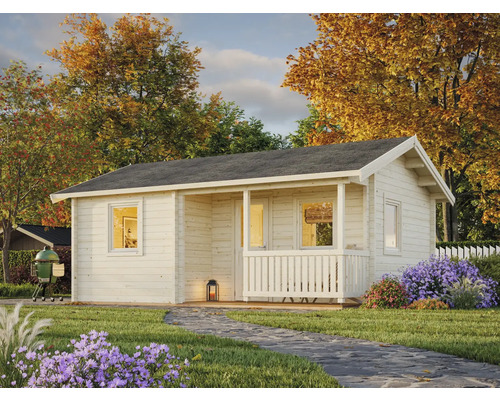 Trädgårdsscen med trädgårdshus i trä med veranda och grått tak