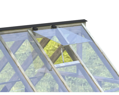 Detaljvy av det öppnade takfönstret i ett växthus.