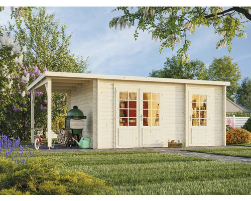 Trädgårdshus med grill, cykel och trädgårdsredskap i trädgården