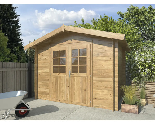 Trädgårdshus med dubbeldörr och fönster