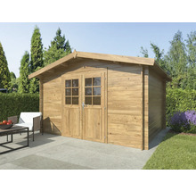 Trädgårdshus i trä med dubbeldörr och sadeltak i trädgården