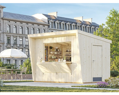 Kiosk PALMAKO Kira 7,7m² natur Trädgårdshus i trä med försäljningslucka, dörr och hyllor framför byggnad