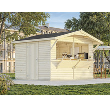 Trädgårdshus i trä med försäljningsdisk och dörr