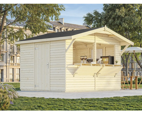 Trädgårdshus i trä med försäljningsdisk och dörr