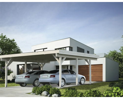 Dubbel carport i trä framför ett hus med två parkerade bilar