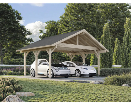 Dubbel carport i trä med två parkerade bilar