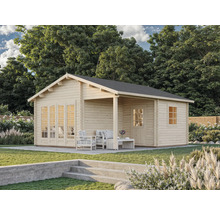 Trädgårdshus i trä med takterrass och trädgårdsmöbler