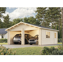 Dubbelgarage i trä med två bilar och fönster