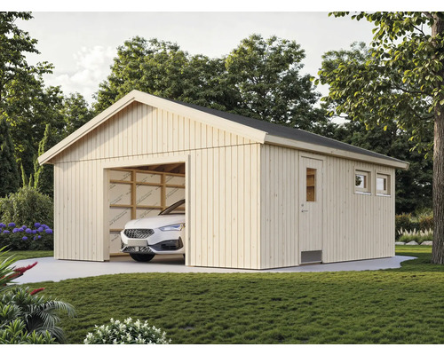 Garage av trä med en bil framför