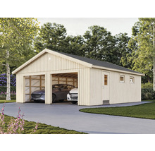 Dubbelgarage i trä med två parkerade bilar