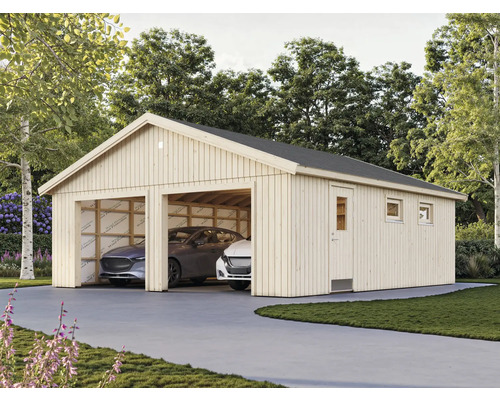Dubbelgarage i trä med två parkerade bilar