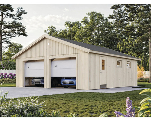 Dubbelgarage i trä med två parkerade bilar