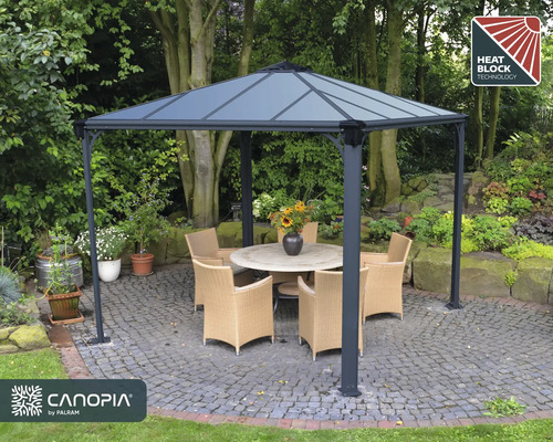 Paviljong med bord och stolar i trädgården