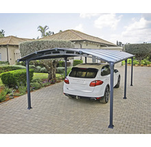 Bil under en carport på en asfalterad uppfart