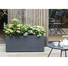 Blomlåda med hortensior på en terrass